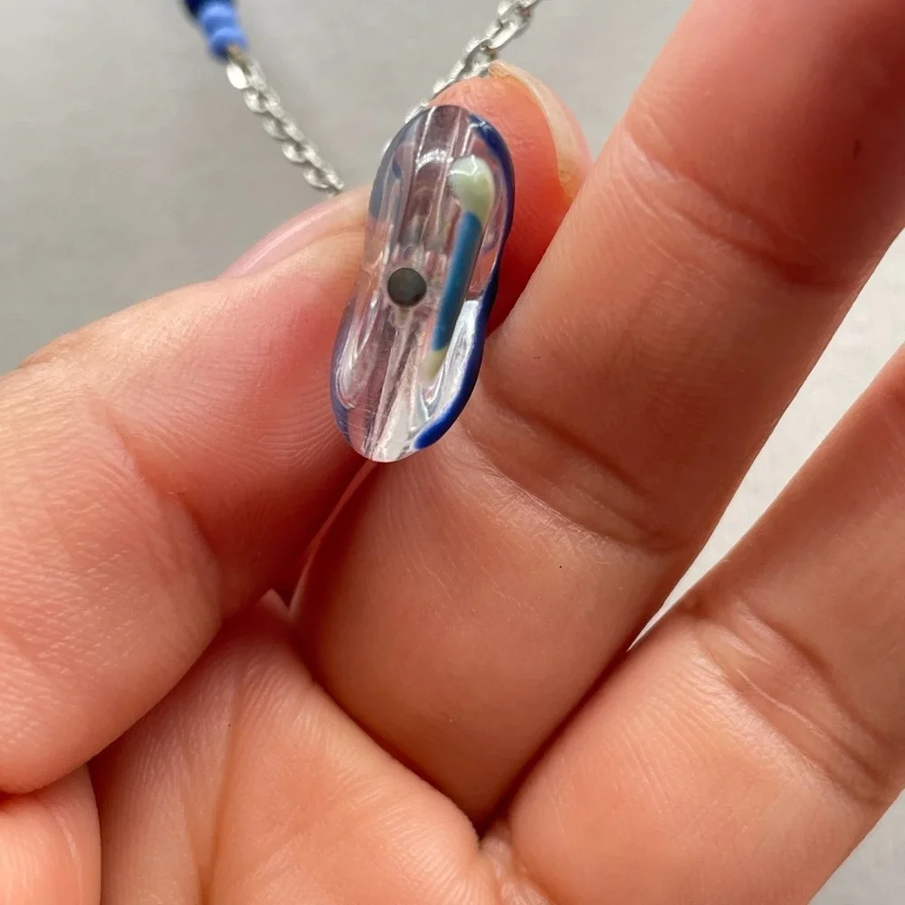 Vintage Womens Blue Glass Pendant & Crystal Bead Chain Fashion Necklace‎